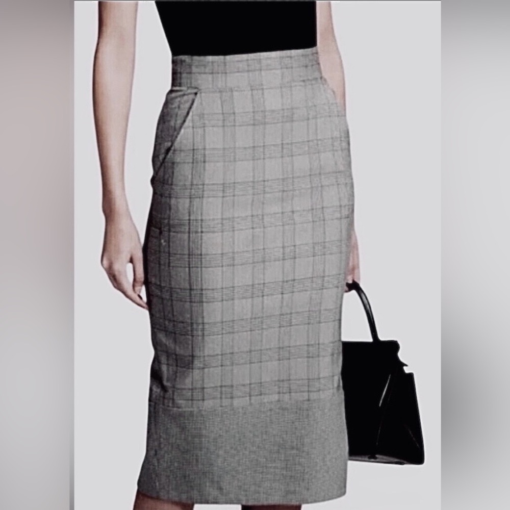 Veronica Beard Twain Pencil Midi Skirt Cotton Houndstooth Glen Check - Grey Sz 6
